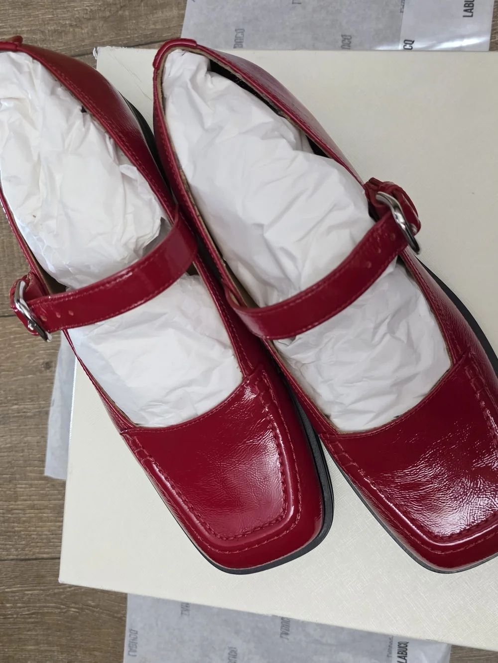 Labucq Norman Mary Jane Square Toe Buckle Strap Red Patent Shoes Size 40